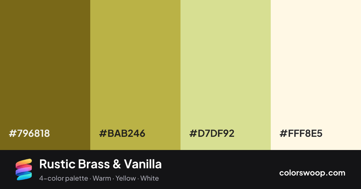 Rustic Brass & Vanilla color palette card: Cocoa #796818, Brass #BAB246, Vanilla #D7DF92, Buttercream #FFF8E5