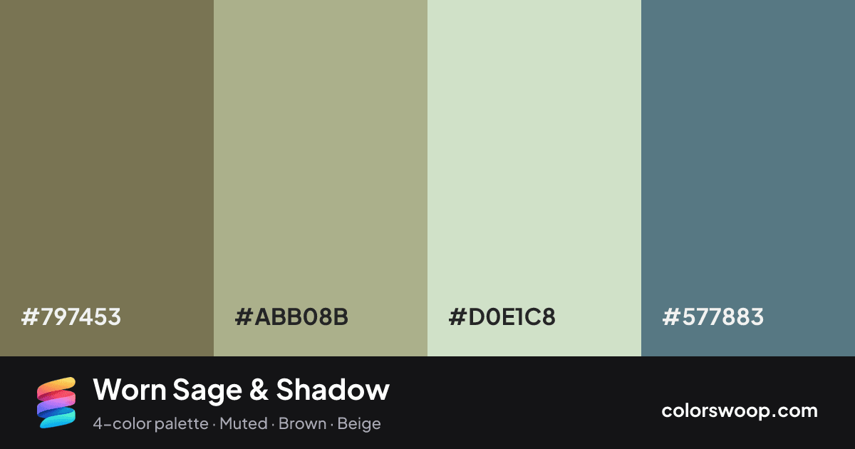 Worn Sage & Shadow color palette card: Shadow #797453, Sage #ABB08B, Bone #D0E1C8, Slate #577883