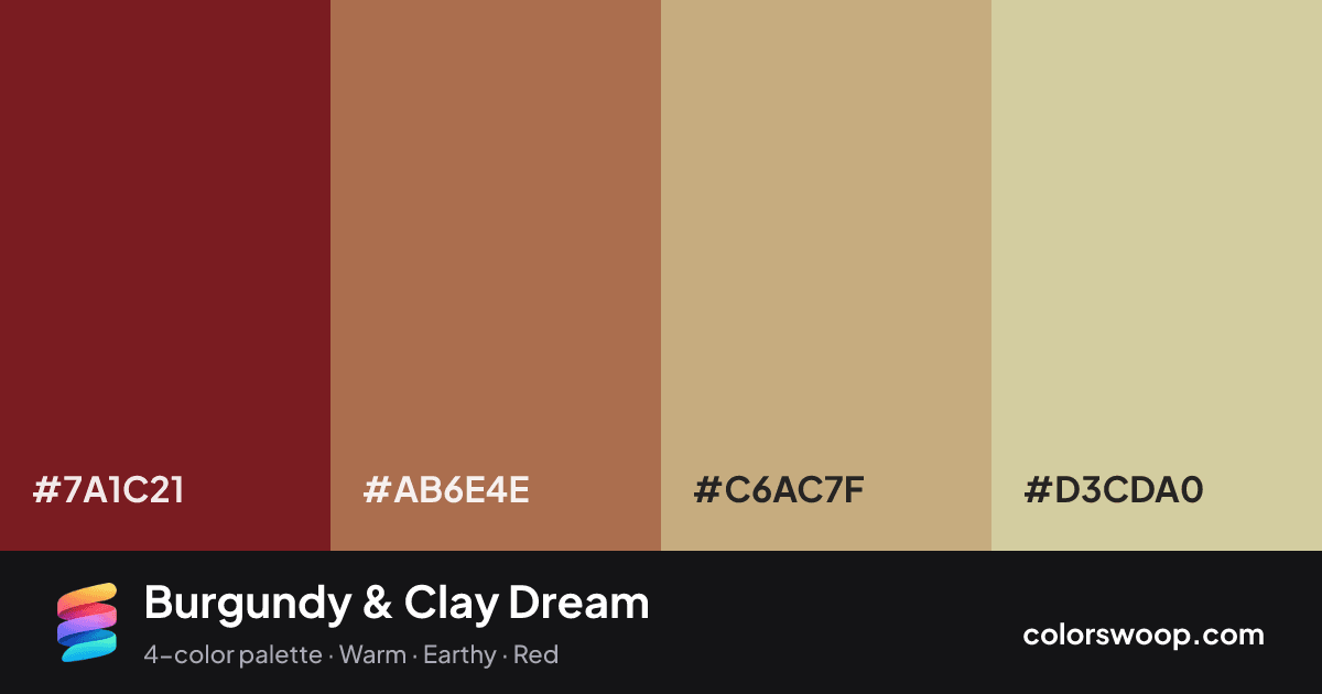 Burgundy & Clay Dream color palette card: Burgundy #7A1C21, Clay #AB6E4E, Sand #C6AC7F, Oat #D3CDA0