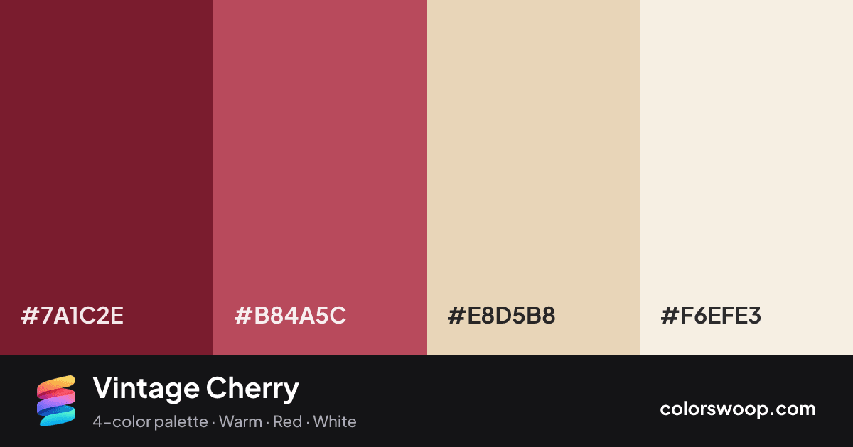 Vintage Cherry color palette card: Burgundy #7A1C2E, Brick #B84A5C, Oat #E8D5B8, Linen #F6EFE3