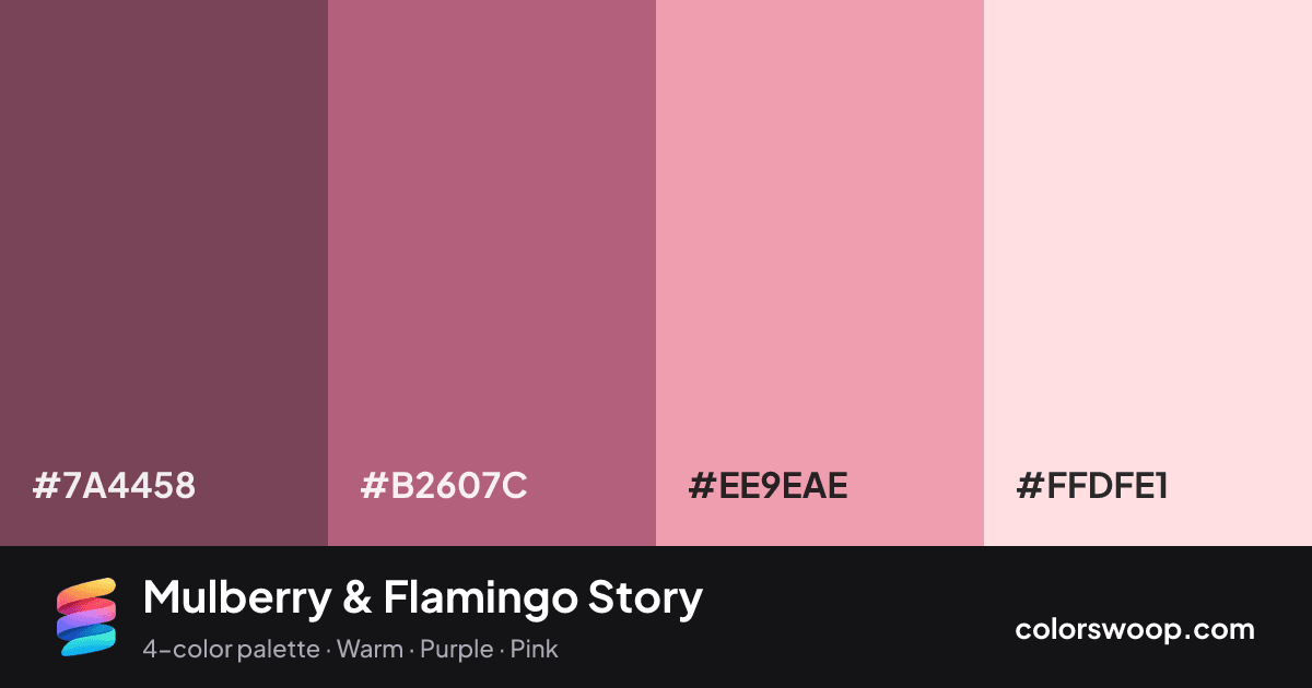 Mulberry & Flamingo Story color palette card: Eggplant #7A4458, Mulberry #B2607C, Flamingo #EE9EAE, Petal #FFDFE1