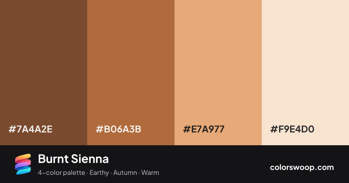 Burnt Sienna color palette card: Coffee #7A4A2E, Clay #B06A3B, Dusty Rose #E7A977, Champagne #F9E4D0