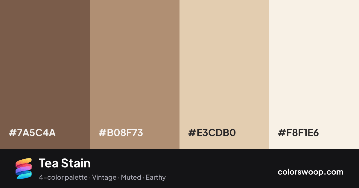 Tea Stain color palette card: Cocoa #7A5C4A, Hazelnut #B08F73, Oat #E3CDB0, Linen #F8F1E6