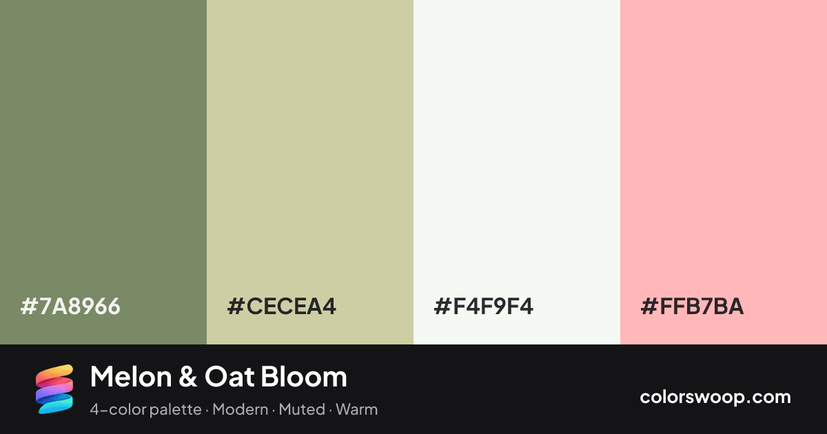 Melon & Oat Bloom color palette card: Shadow #7A8966, Oat #CECEA4, Smoke #F4F9F4, Melon #FFB7BA