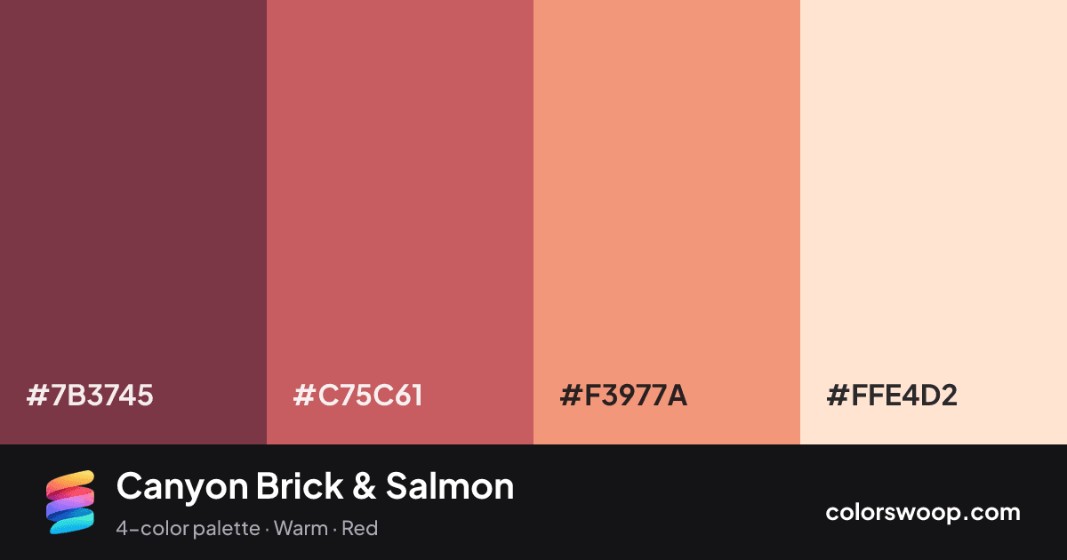 Canyon Brick & Salmon color palette card: Wine #7B3745, Brick #C75C61, Salmon #F3977A, Champagne #FFE4D2