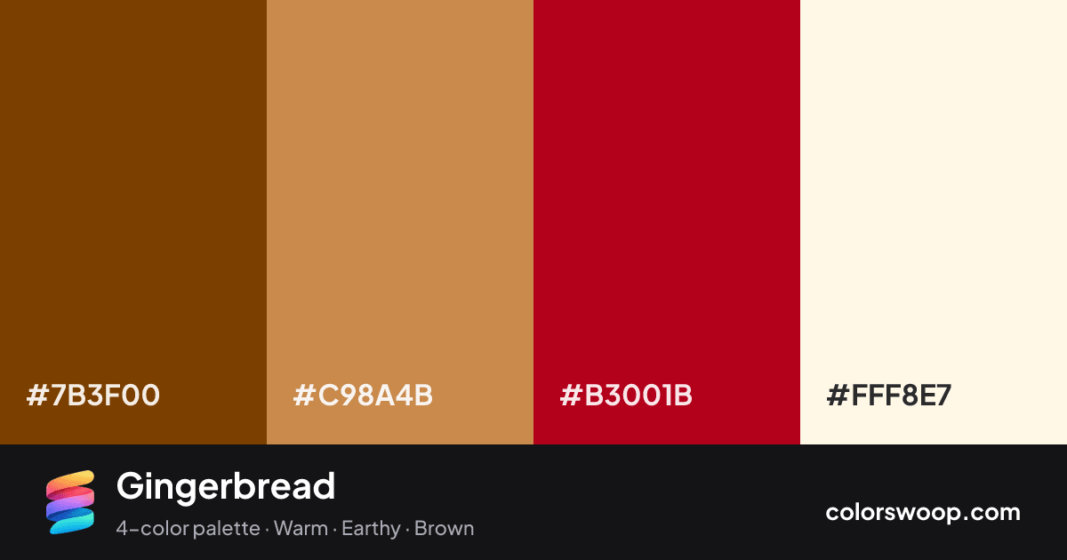 Gingerbread color palette card: Chocolate #7B3F00, Bronze #C98A4B, Chili #B3001B, Ivory #FFF8E7