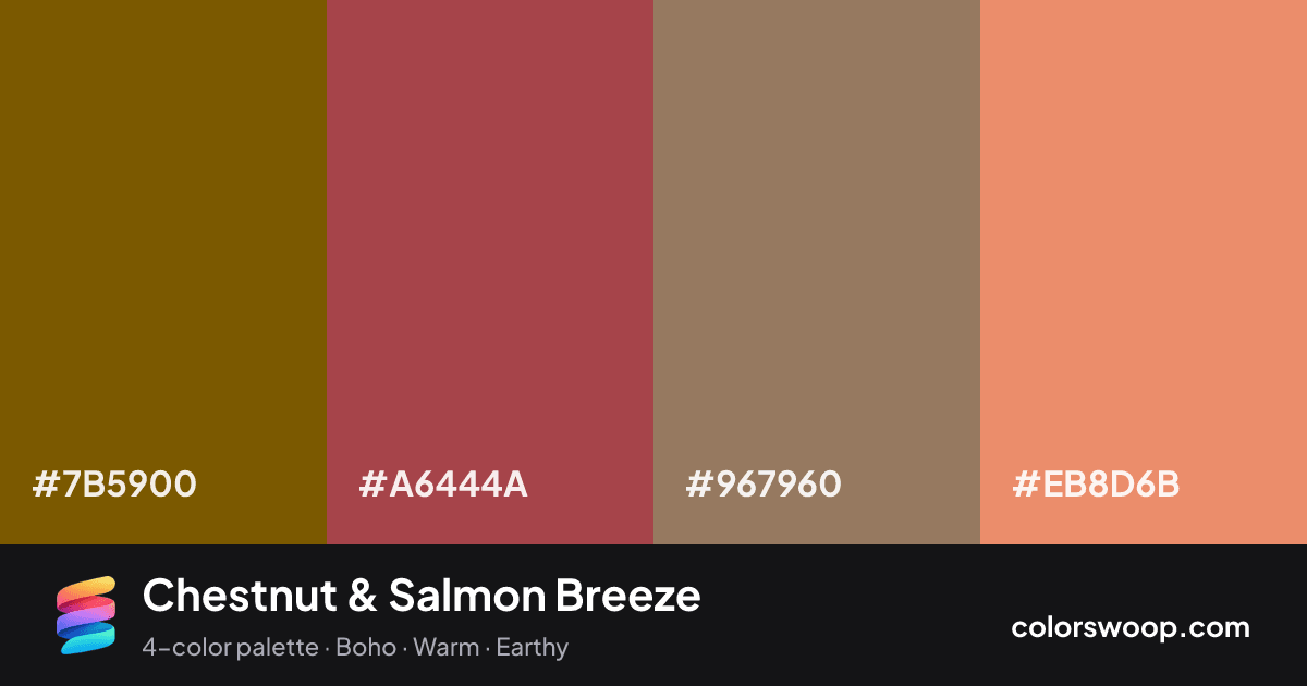 Chestnut & Salmon Breeze color palette card: Cocoa #7B5900, Chestnut #A6444A, Mocha #967960, Salmon #EB8D6B
