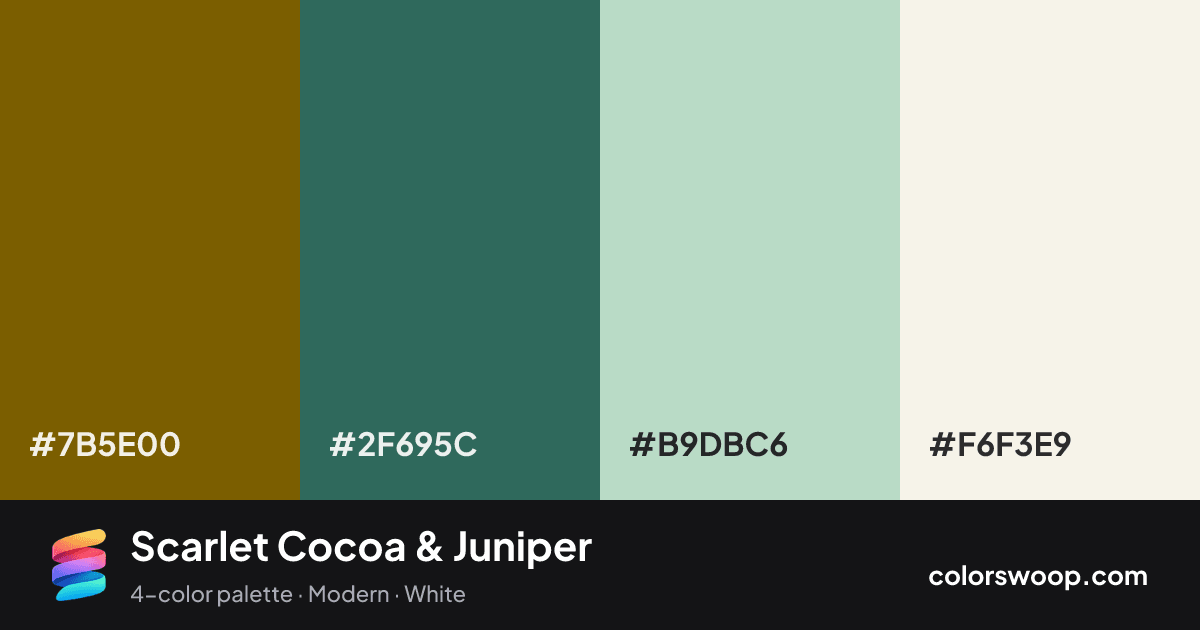 Scarlet Cocoa & Juniper color palette card: Cocoa #7B5E00, Juniper #2F695C, Powder Blue #B9DBC6, Linen #F6F3E9