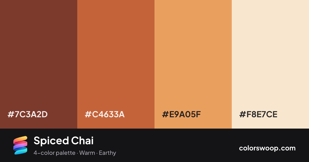 Spiced Chai color palette card: Brick Red #7C3A2D, Clay #C4633A, Marigold #E9A05F, Champagne #F8E7CE