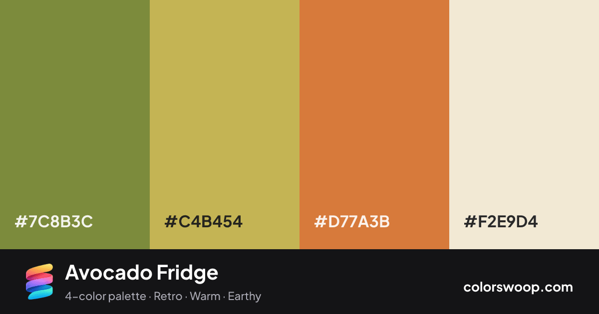 Avocado Fridge color palette card: Olive #7C8B3C, Brass #C4B454, Bronze #D77A3B, Parchment #F2E9D4