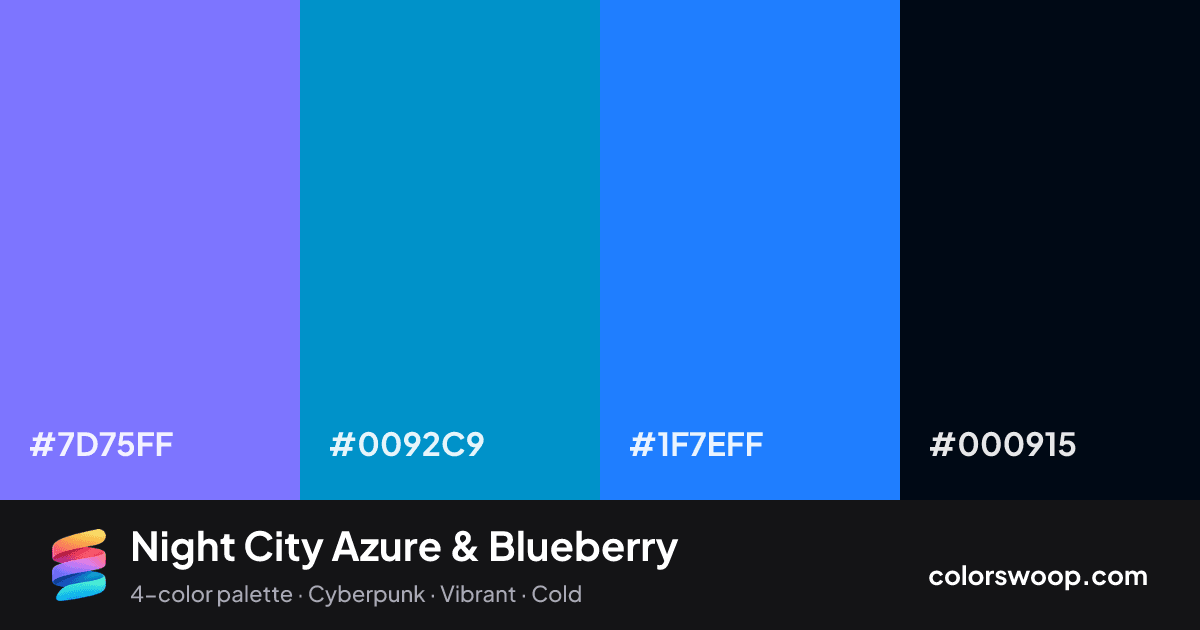 Night City Azure & Blueberry color palette card: Blueberry #7D75FF, Steel Blue #0092C9, Azure #1F7EFF, Obsidian #000915