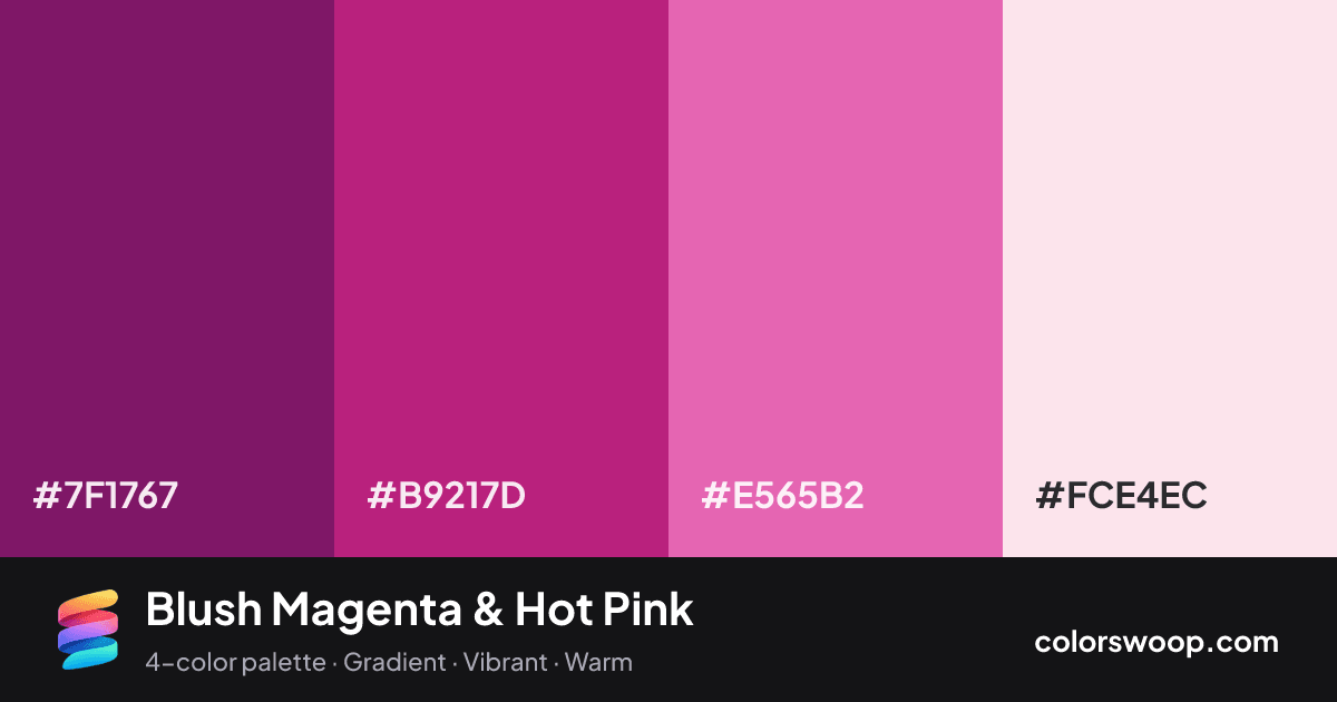 Blush Magenta & Hot Pink color palette card: Purple #7F1767, Magenta #B9217D, Hot Pink #E565B2, Petal #FCE4EC