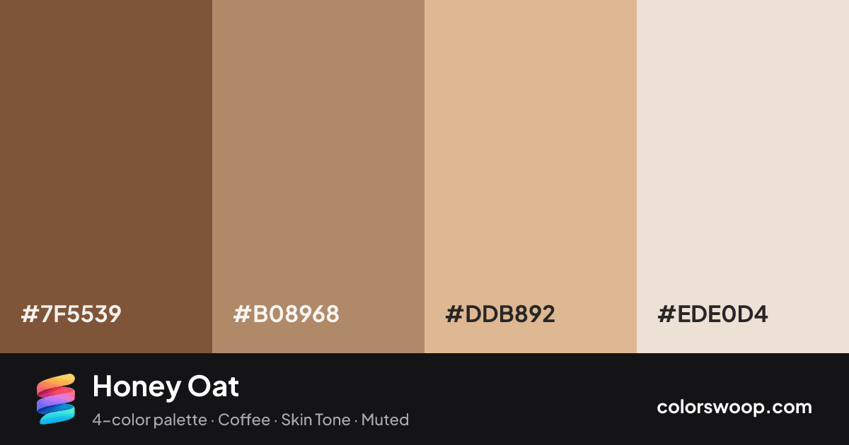 Honey Oat color palette card: Cocoa #7F5539, Hazelnut #B08968, Tan #DDB892, Almond #EDE0D4