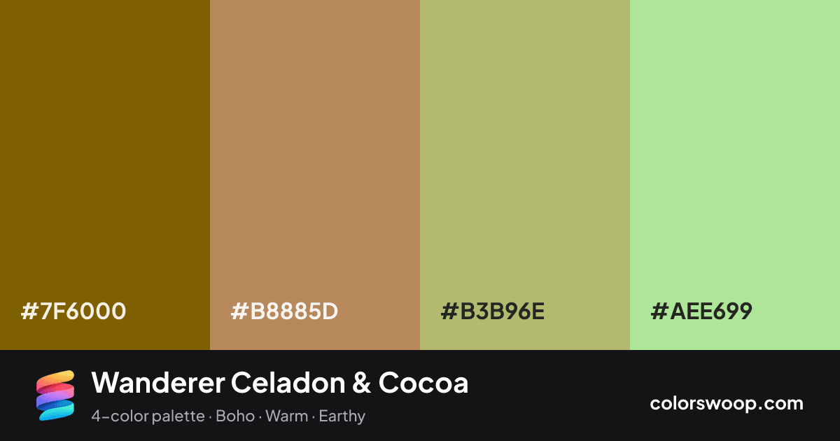 Wanderer Celadon & Cocoa color palette card: Cocoa #7F6000, Hazelnut #B8885D, Sand #B3B96E, Celadon #AEE699