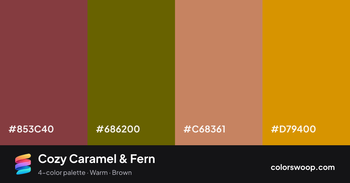 Cozy Caramel & Fern color palette card: Brick Red #853C40, Fern #686200, Hazelnut #C68361, Caramel #D79400