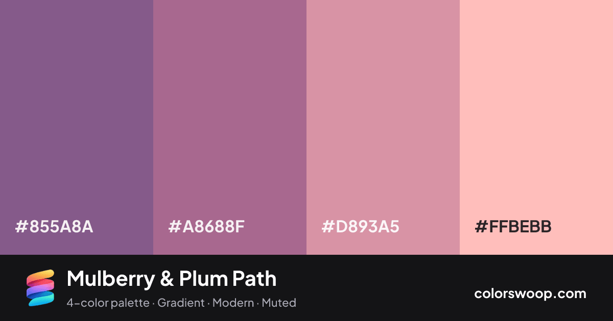 Mulberry & Plum Path color palette card: Plum #855A8A, Mulberry #A8688F, Lilac #D893A5, Melon #FFBEBB