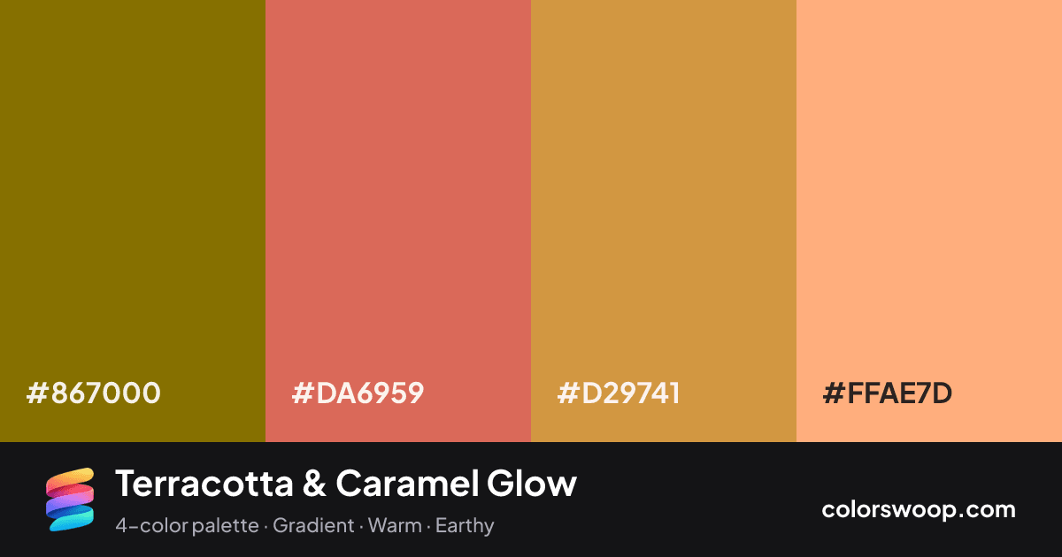 Terracotta & Caramel Glow color palette card: Olive #867000, Terracotta #DA6959, Caramel #D29741, Melon #FFAE7D