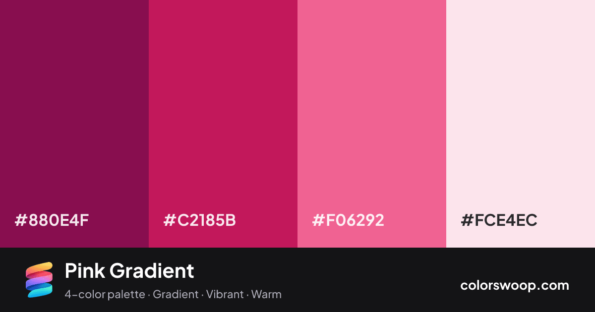 Pink Gradient color palette card: Burgundy #880E4F, Magenta #C2185B, Strawberry #F06292, Petal #FCE4EC