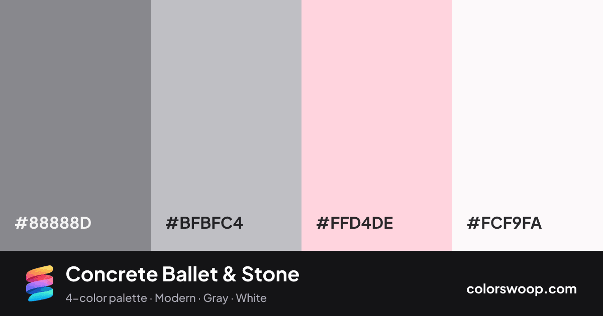 Concrete Ballet & Stone color palette card: Stone #88888D, Silver #BFBFC4, Ballet #FFD4DE, Snow #FCF9FA