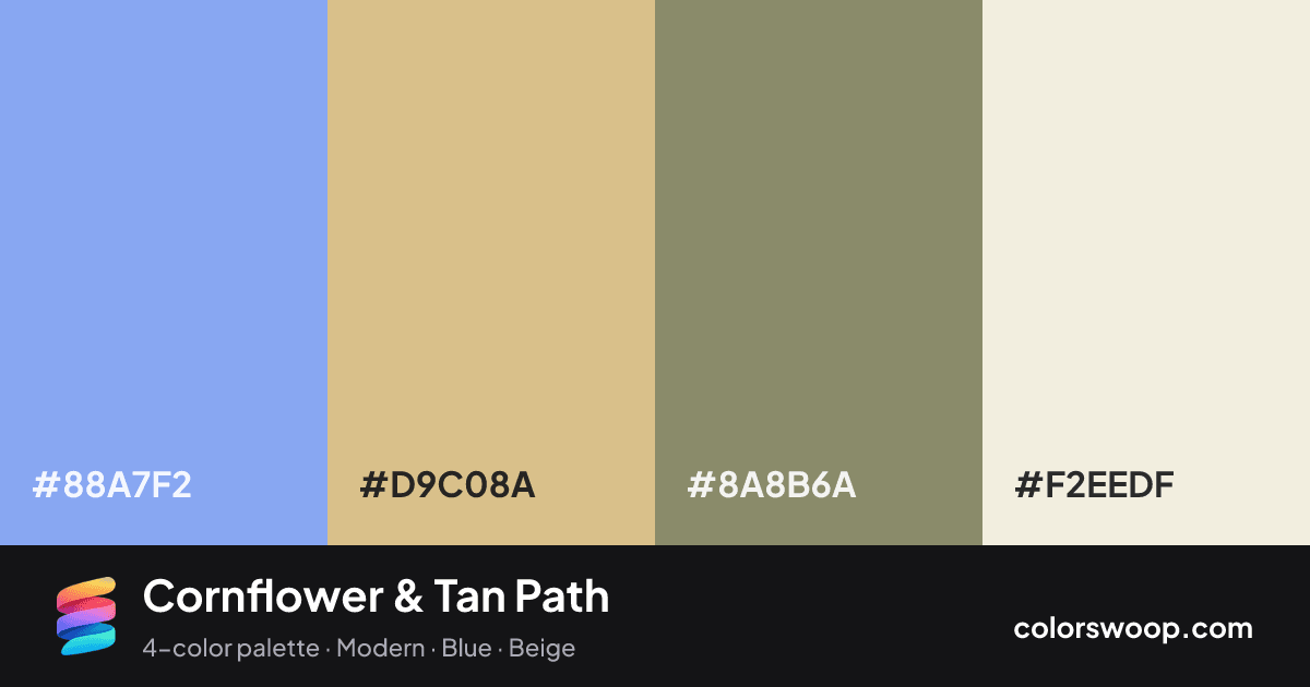 Cornflower & Tan Path color palette card: Cornflower #88A7F2, Tan #D9C08A, Stone #8A8B6A, Eggshell #F2EEDF