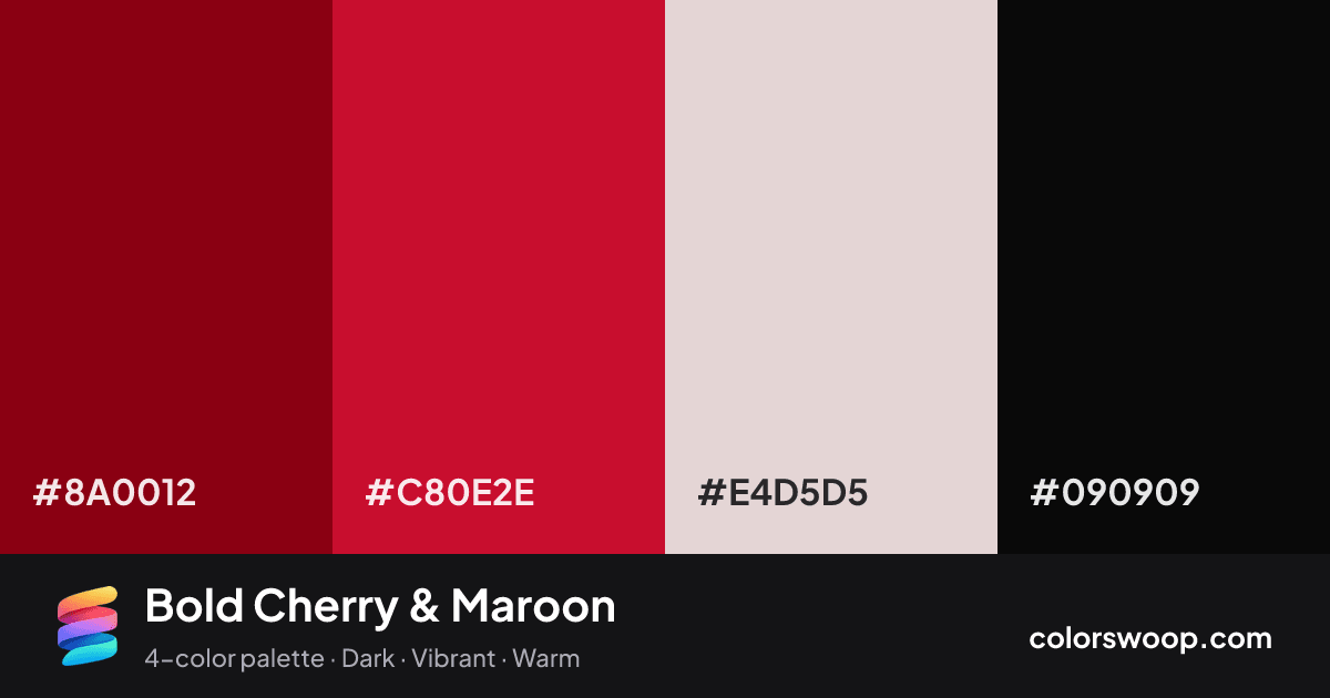 Bold Cherry & Maroon color palette card: Maroon #8A0012, Cherry #C80E2E, Bone #E4D5D5, Obsidian #090909