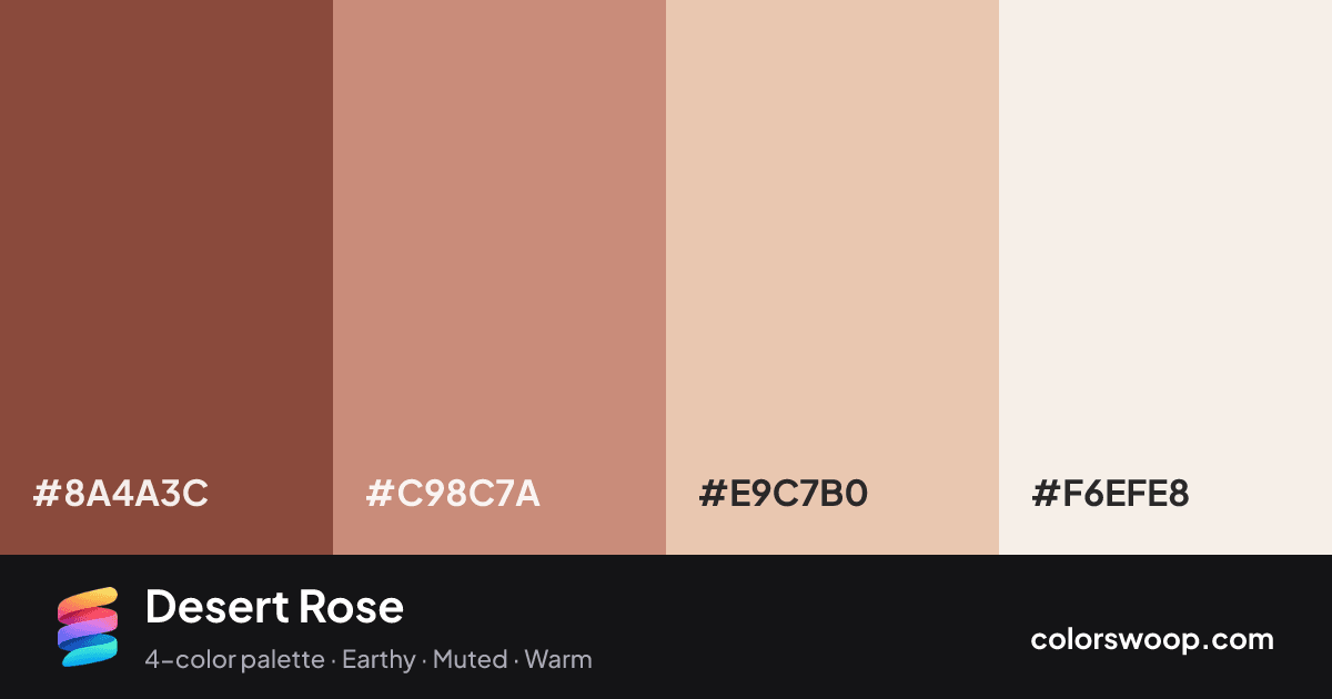Desert Rose color palette card: Cedar #8A4A3C, Camel #C98C7A, Apricot #E9C7B0, Linen #F6EFE8