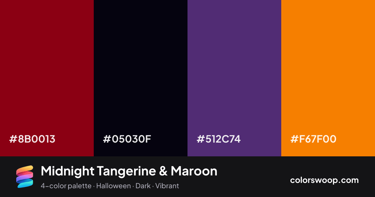 Midnight Tangerine & Maroon color palette card: Maroon #8B0013, Obsidian #05030F, Indigo #512C74, Tangerine #F67F00
