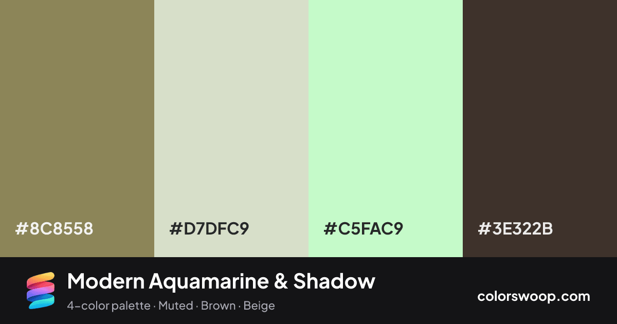 Modern Aquamarine & Shadow color palette card: Shadow #8C8558, Bone #D7DFC9, Aquamarine #C5FAC9, Jet #3E322B