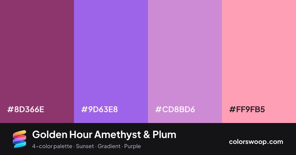 Golden Hour Amethyst & Plum color palette card: Plum #8D366E, Amethyst #9D63E8, Wisteria #CD8BD6, Flamingo #FF9FB5