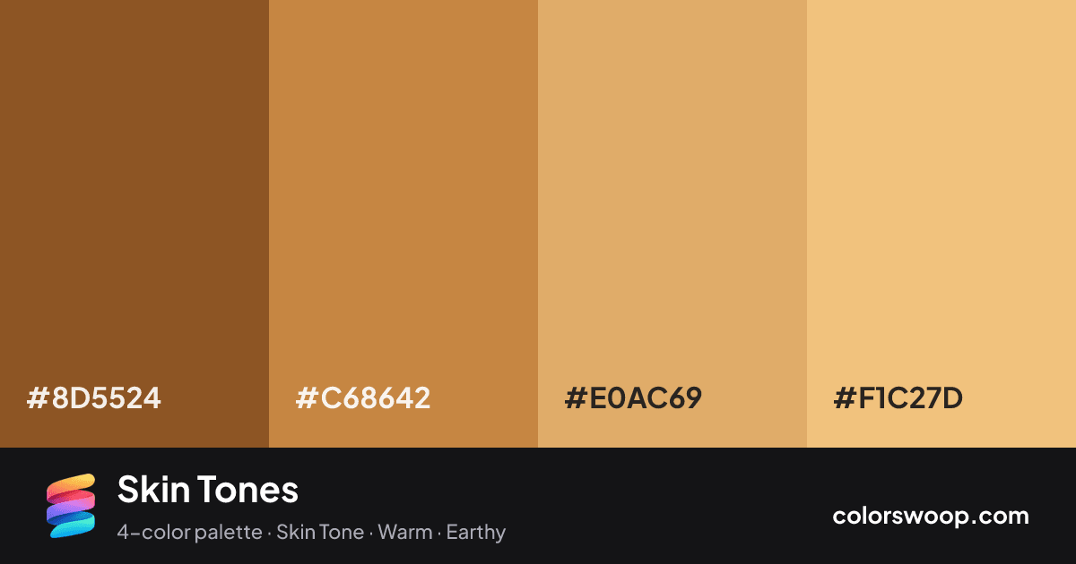Skin Tones color palette card: Cedar #8D5524, Bronze #C68642, Tan #E0AC69, Apricot #F1C27D