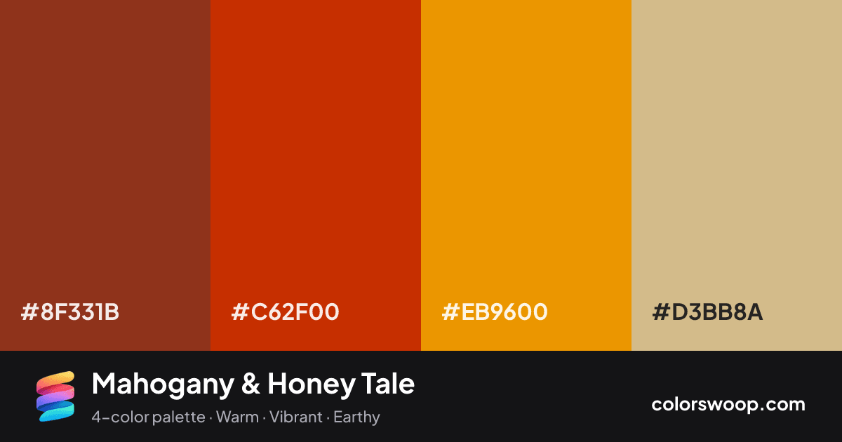 Mahogany & Honey Tale color palette card: Brick Red #8F331B, Mahogany #C62F00, Honey #EB9600, Tan #D3BB8A