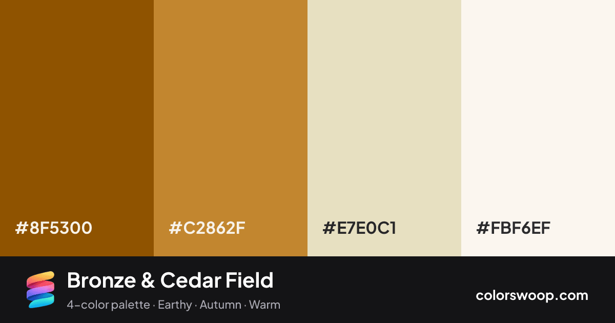 Bronze & Cedar Field color palette card: Cedar #8F5300, Bronze #C2862F, Pearl #E7E0C1, Smoke #FBF6EF