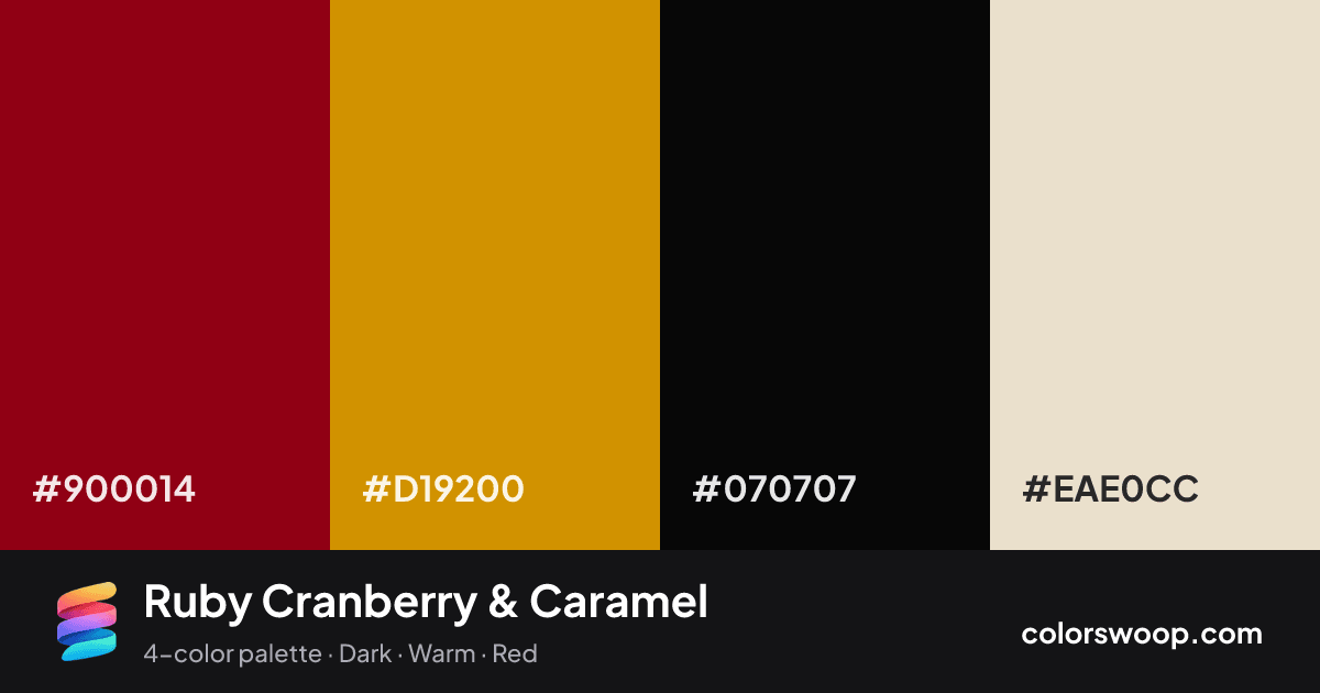 Ruby Cranberry & Caramel color palette card: Cranberry #900014, Caramel #D19200, Obsidian #070707, Pearl #EAE0CC