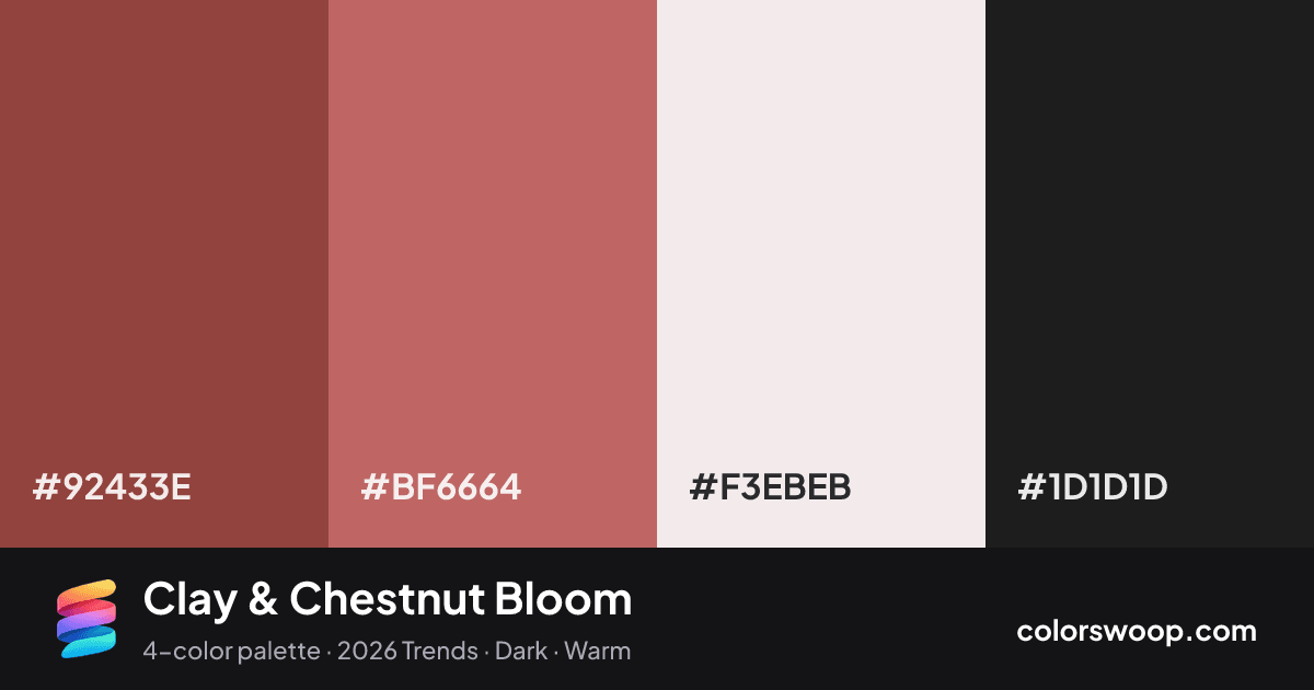 Clay & Chestnut Bloom color palette card: Chestnut #92433E, Clay #BF6664, Linen #F3EBEB, Raisin #1D1D1D