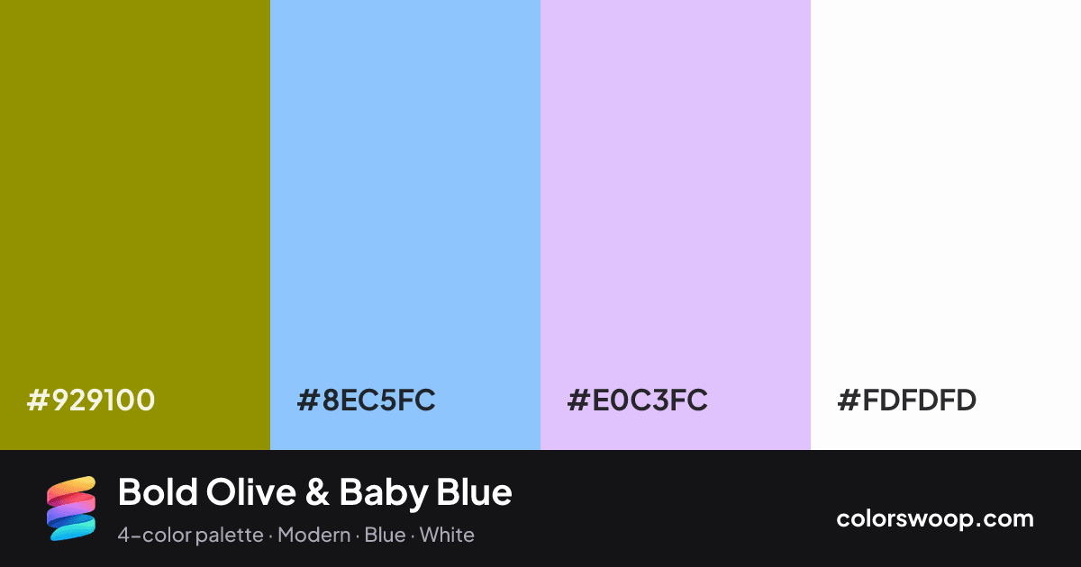 Bold Olive & Baby Blue color palette card: Olive #929100, Baby Blue #8EC5FC, Periwinkle #E0C3FC, White #FDFDFD
