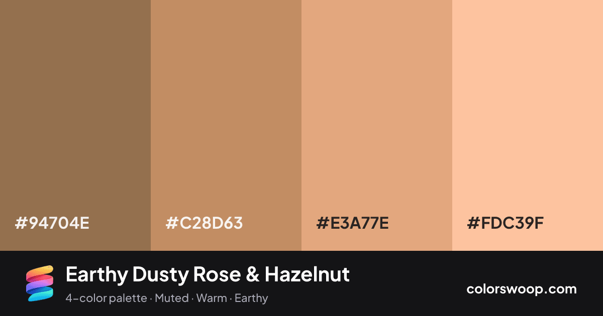 Earthy Dusty Rose & Hazelnut color palette card: Shadow #94704E, Hazelnut #C28D63, Dusty Rose #E3A77E, Apricot #FDC39F