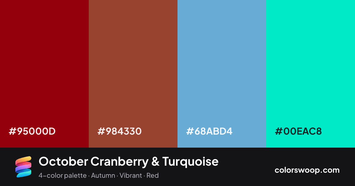 October Cranberry & Turquoise color palette card: Cranberry #95000D, Chestnut #984330, Dusty Blue #68ABD4, Turquoise #00EAC8