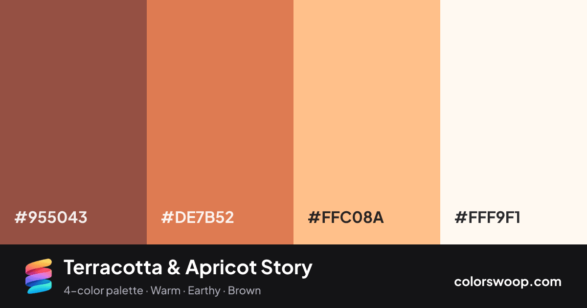 Terracotta & Apricot Story color palette card: Chestnut #955043, Terracotta #DE7B52, Apricot #FFC08A, Snow #FFF9F1
