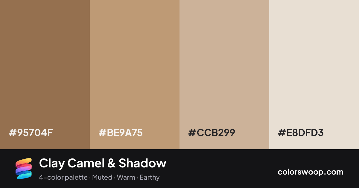 Clay Camel & Shadow color palette card: Shadow #95704F, Camel #BE9A75, Khaki #CCB299, Almond #E8DFD3