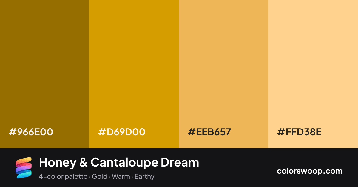 Honey & Cantaloupe Dream color palette card: Olive #966E00, Honey #D69D00, Cantaloupe #EEB657, Wheat #FFD38E
