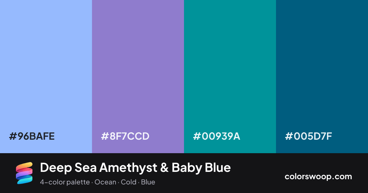 Deep Sea Amethyst & Baby Blue color palette card: Baby Blue #96BAFE, Amethyst #8F7CCD, Teal #00939A, Peacock #005D7F