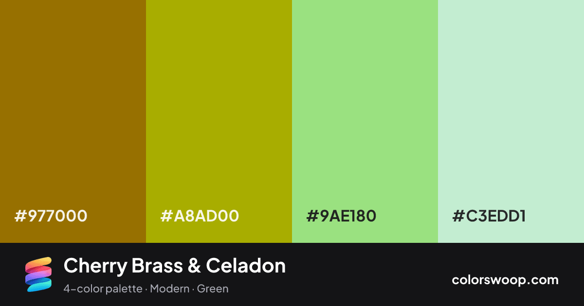 Cherry Brass & Celadon color palette card: Olive #977000, Brass #A8AD00, Celadon #9AE180, Ice #C3EDD1