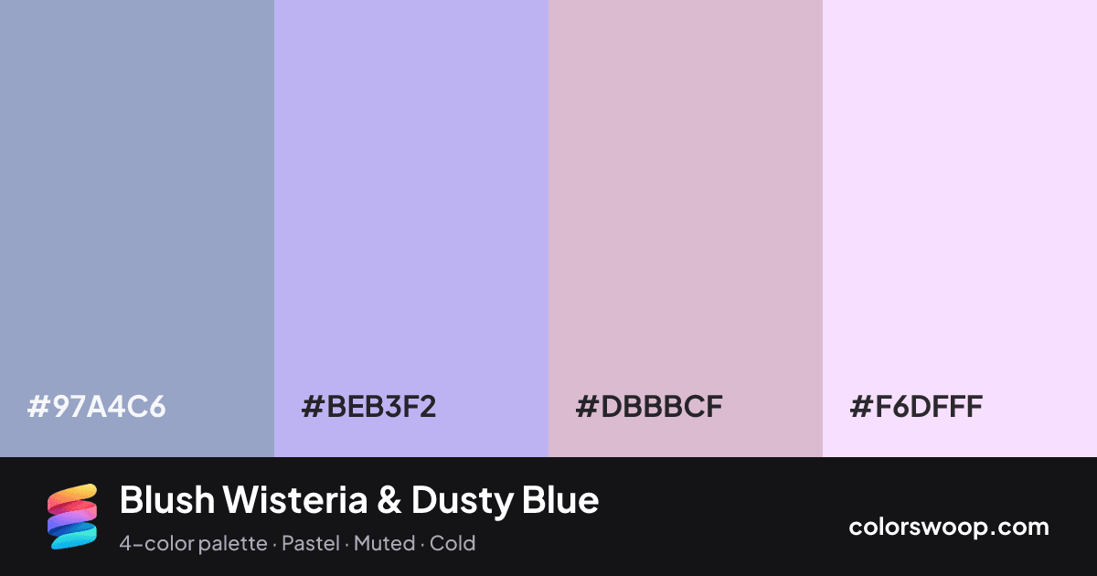 Blush Wisteria & Dusty Blue color palette card: Dusty Blue #97A4C6, Wisteria #BEB3F2, Thistle #DBBBCF, Lavender #F6DFFF