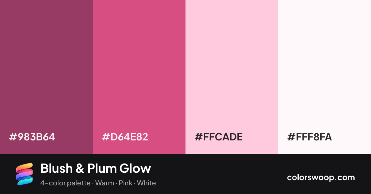Blush & Plum Glow color palette card: Plum #983B64, Blush #D64E82, Bubblegum #FFCADE, Snow #FFF8FA