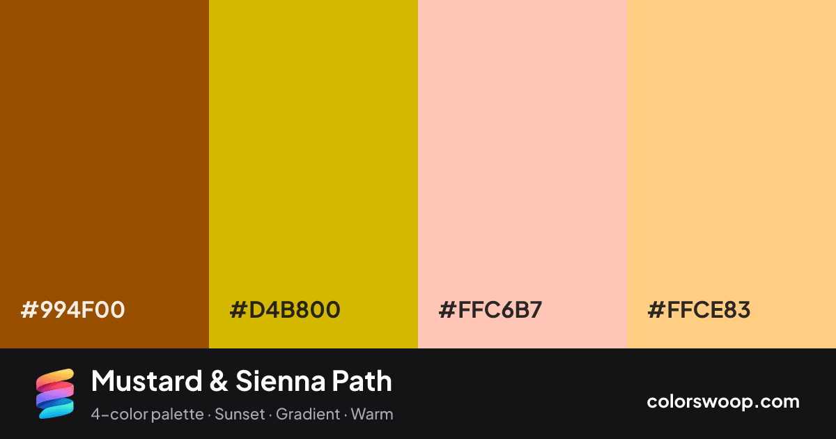 Mustard & Sienna Path color palette card: Sienna #994F00, Mustard #D4B800, Apricot #FFC6B7, Apricot #FFCE83