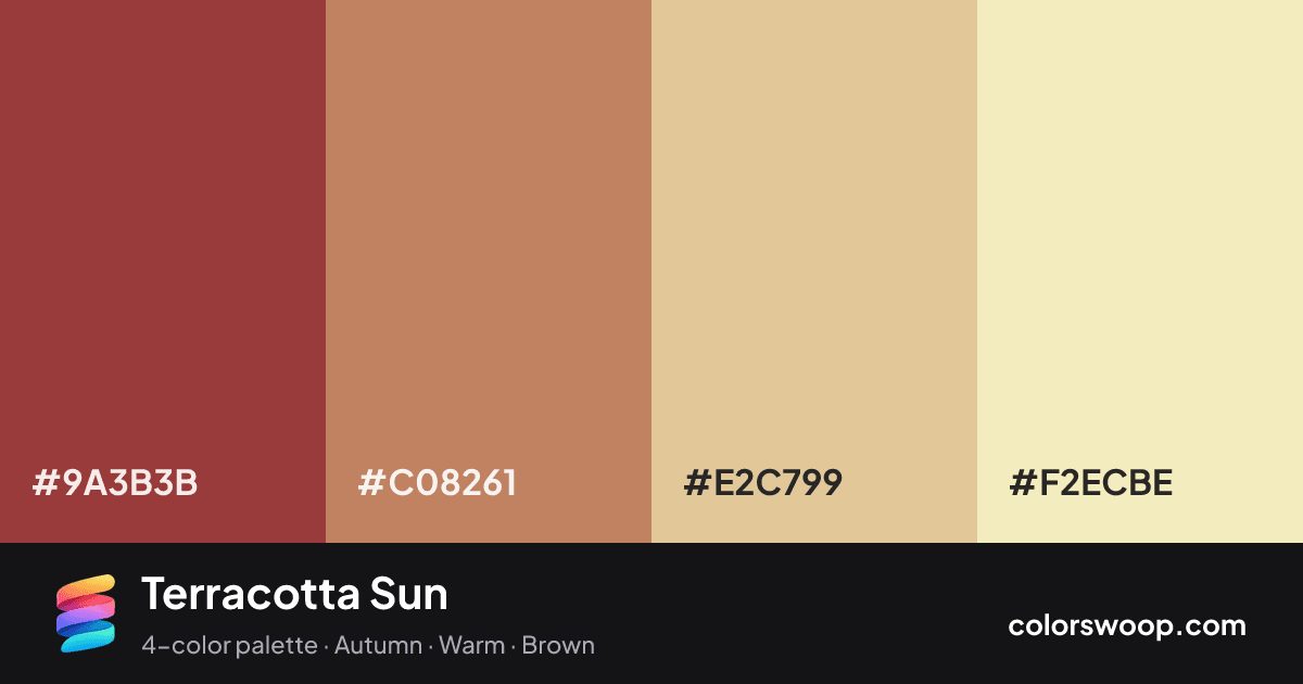 Terracotta Sun color palette card: Chestnut #9A3B3B, Hazelnut #C08261, Oat #E2C799, Peach #F2ECBE