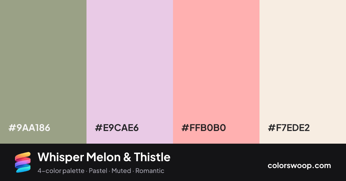 Whisper Melon & Thistle color palette card: Sage #9AA186, Thistle #E9CAE6, Melon #FFB0B0, Linen #F7EDE2