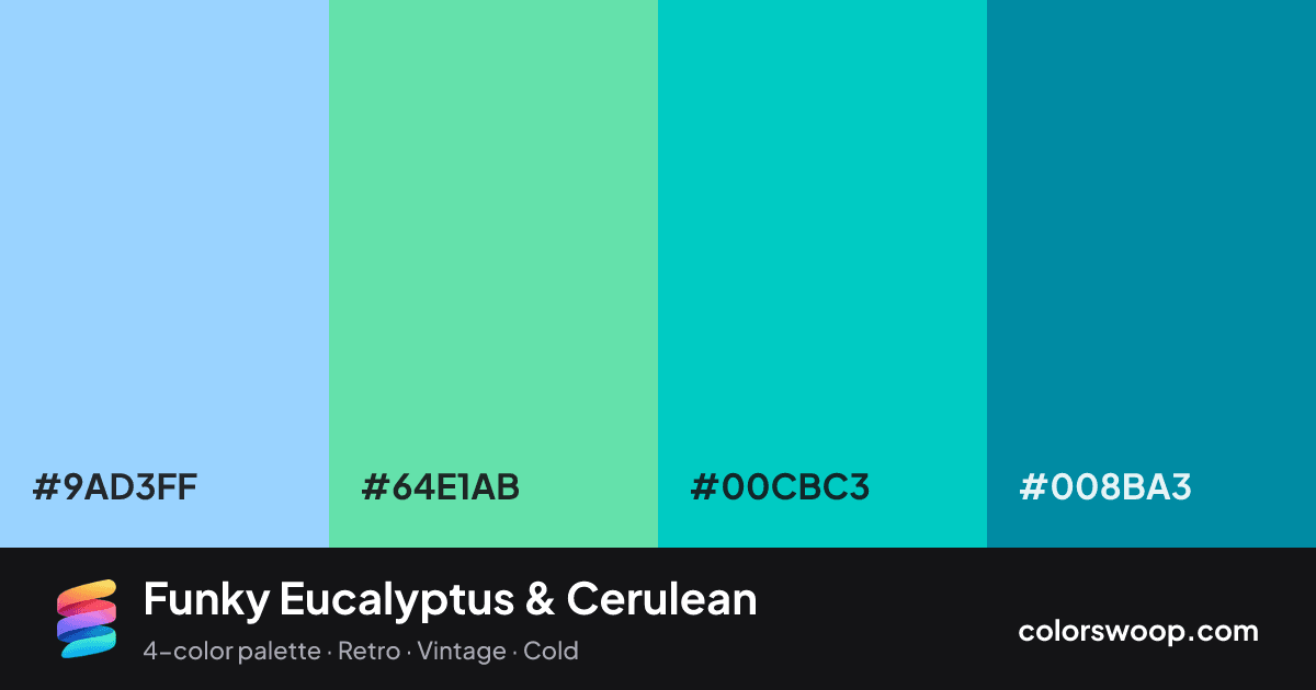 Funky Eucalyptus & Cerulean color palette card: Baby Blue #9AD3FF, Eucalyptus #64E1AB, Eucalyptus #00CBC3, Cerulean #008BA3