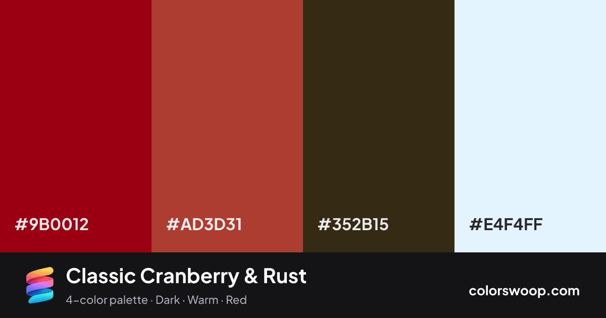 Classic Cranberry & Rust color palette card: Cranberry #9B0012, Rust #AD3D31, Espresso #352B15, Frost #E4F4FF