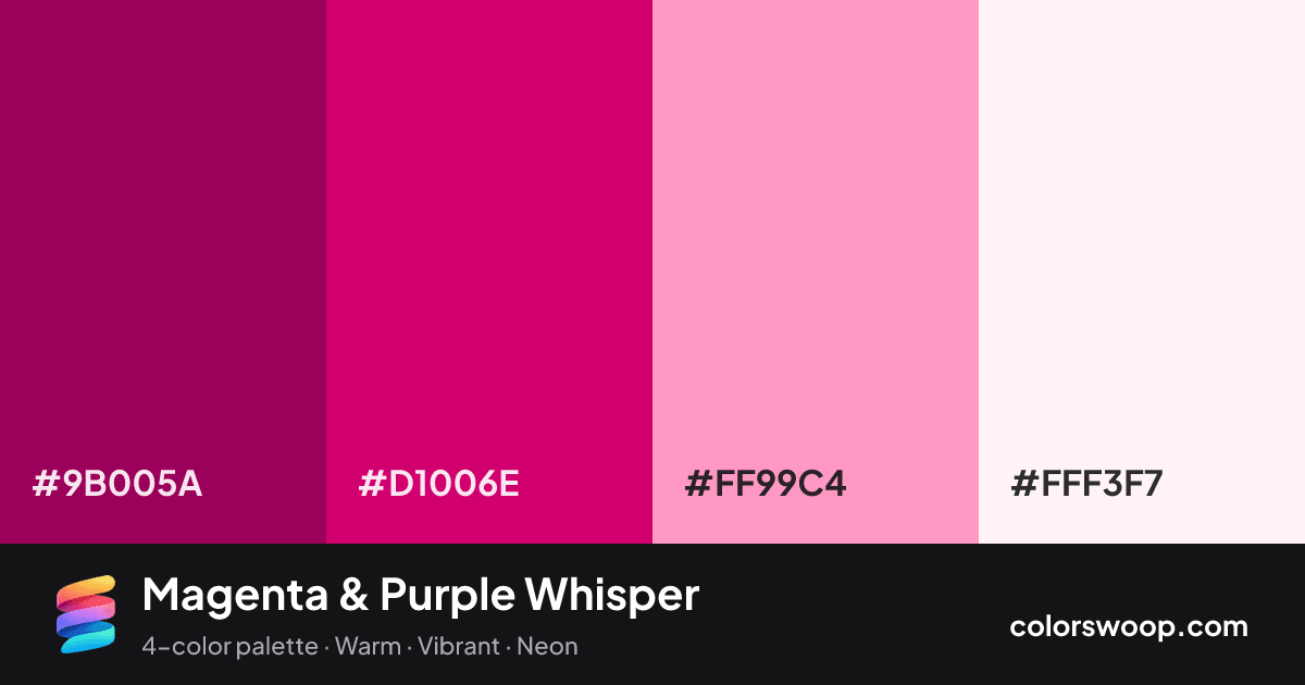 Magenta & Purple Whisper color palette card: Purple #9B005A, Magenta #D1006E, Flamingo #FF99C4, Smoke #FFF3F7